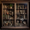 Weathered vintage wooden bookcase filled with antique artifacts