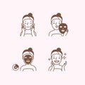 Step of face masking half body monochrome icon illustration vector on pink background. Beauty concept