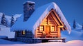 Wooden house in the winter forest. 3D render. Christmas background. Royalty Free Stock Photo