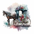 Retro Floral Carriage Watercolor Art for Stock Photos - Generative AI