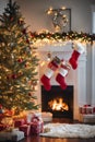 Living room decorated for Christmas with fireplace, Christmas tree and xmas ornaments. Royalty Free Stock Photo