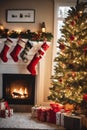 Living room decorated for Christmas with fireplace, Christmas tree and xmas ornaments. Royalty Free Stock Photo