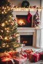 Living room decorated for Christmas with fireplace, Christmas tree and xmas ornaments. Royalty Free Stock Photo