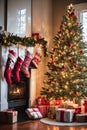 Living room decorated for Christmas with fireplace, Christmas tree and xmas ornaments. Royalty Free Stock Photo