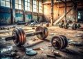 A Silent Testament to Forgotten Fitness A Grimy Abandoned Weight Room Engulfed in Dust and Decay Royalty Free Stock Photo