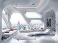 futuristic living room with a large curved window and a white color scheme. The title could be \