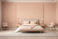 Bedroom in pastel tone peach fuzz color trend 2024 year wall empty background for art.