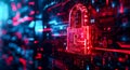 Futuristic digital security red padlock on an electronic screen background. Royalty Free Stock Photo