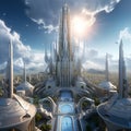 Futuristic cityscape with integrated ancient cultural relics and grand monument