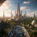 Futuristic cityscape with integrated ancient cultural relics and grand monument