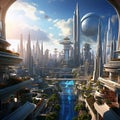 Futuristic cityscape with integrated ancient cultural relics and grand monument