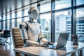 Automated Office of the Future AIPowered Robot Assists with Computer Tasks in a Modern Sleek Workspace A Stunning