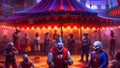 A gloomy and frightening circus, sinister clowns with grim smiles in honor of the Halloween holiday. Around the arena are old