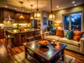 A Cozy Evening Glow LowLight Kitchen and Living Room Interior Design Inspiration Experience the Warmth and Ambiance of Royalty Free Stock Photo