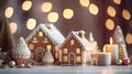 Cozy Holiday Gingerbread House with Christmas Decor and Neon Lights. Festive Living Room Ambience