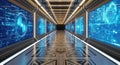 Futuristic sci-fi corridor with glowing blue holographic displays digital data streams and reflective floor Royalty Free Stock Photo