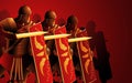 Roman legionaries in battle-ready stances