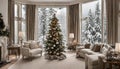 gran salon decorado con Ã¡rbol de navidad con grandes ventanales con vistas a un bosque nevado