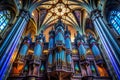 Enigmatic Gothic Church Organ Pipes A Study in Deep Blue and Dramatic Shadows Royalty Free Stock Photo