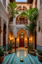 Step inside a traditional Morrocan riad, with peaceful courtyards, ornate fountains, intricate tilework, travel destination