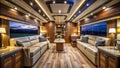 Dreamy Nighttime Escape A Luxurious Motor Home Interior Showcases Comfort and Warm Ambiance Royalty Free Stock Photo