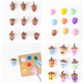 step by step instruction how to make painted acorns craft for kids, Each acorn has a brown cap and a painted face that