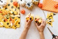 Step by step instruction of making halloween textile DIY pumpkin craft. Step 8 - pumpkins are ready, make two or three Royalty Free Stock Photo