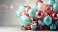 Colorful pink red and blue Birthday balloons background with wrapped gifts