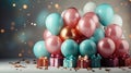 Colorful pink red and blue Birthday balloons background with wrapped gifts