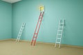 Step ladders against a wall among a red ladder