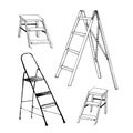 Step ladders sketch set. Collection of hand drawn ladders isolated on white. Vector illustration.