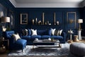 the luxurious comfort of a dark blue home living room, as depicted in this 3D rendering. A plush sofa surrounds a cozy Royalty Free Stock Photo