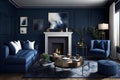 the luxurious comfort of a dark blue home living room, as depicted in this 3D rendering. Royalty Free Stock Photo