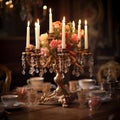 Vintage Opulence: Ornate Antique Candelabra on Luxurious Dining Table