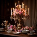 Vintage Opulence: Ornate Antique Candelabra on Luxurious Dining Table