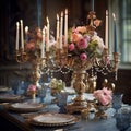 Vintage Opulence: Ornate Antique Candelabra on Luxurious Dining Table