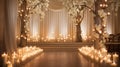 luxury wedding repection venue with candles, goldne lights and white flowers HD wall mockup Royalty Free Stock Photo