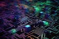 Step into a mesmerizing labyrinth of neon lights in this stunning computer-generated image., Neon maze of circuit board patterns,