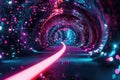 Step into the mesmerizing tunnel filled with shimmering purple and blue lights, A binary universe of abstract shapes and neon