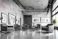 modern business reception room featuring a grey concrete floor and few contemporary armchairs.