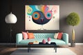 Modern living room interior with blue sofa, coffee table and colorful picture on wall