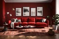 modern living room oasis with this interior mockup featuring a bold red couch set against an empty, chic dark red