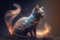 Fantasy cat with fire and smoke on a dark background
