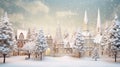 Christmas village with Snow in vintage style. Winter Village Landscape. Christmas Holidays.