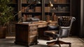 Ai Generative Luxury library interior with bookshelf and leather armchair