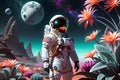 Astronaut in a Space Suit Tending to a Neon-Hued Alien Plant with Broad Leaves and Delicate Luminous Blossoms