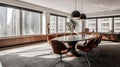 A chic minimalist conference room with floor-to-ceiling windows and iconic mid-century furniture created with Generative AI