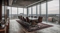 A chic minimalist conference room with floor-to-ceiling windows and iconic mid-century furniture created with Generative AI