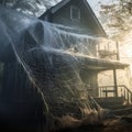 Time-Woven: Historic Rural Abode Enshrouded in a Giant Spidernet Royalty Free Stock Photo