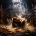 Eerie Scene of Dimly Lit Antique Library